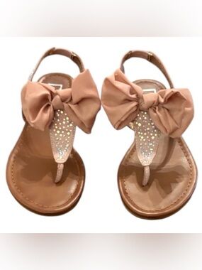Material Girl Thong Sandals with Pink Bow and Rhinestone Accents